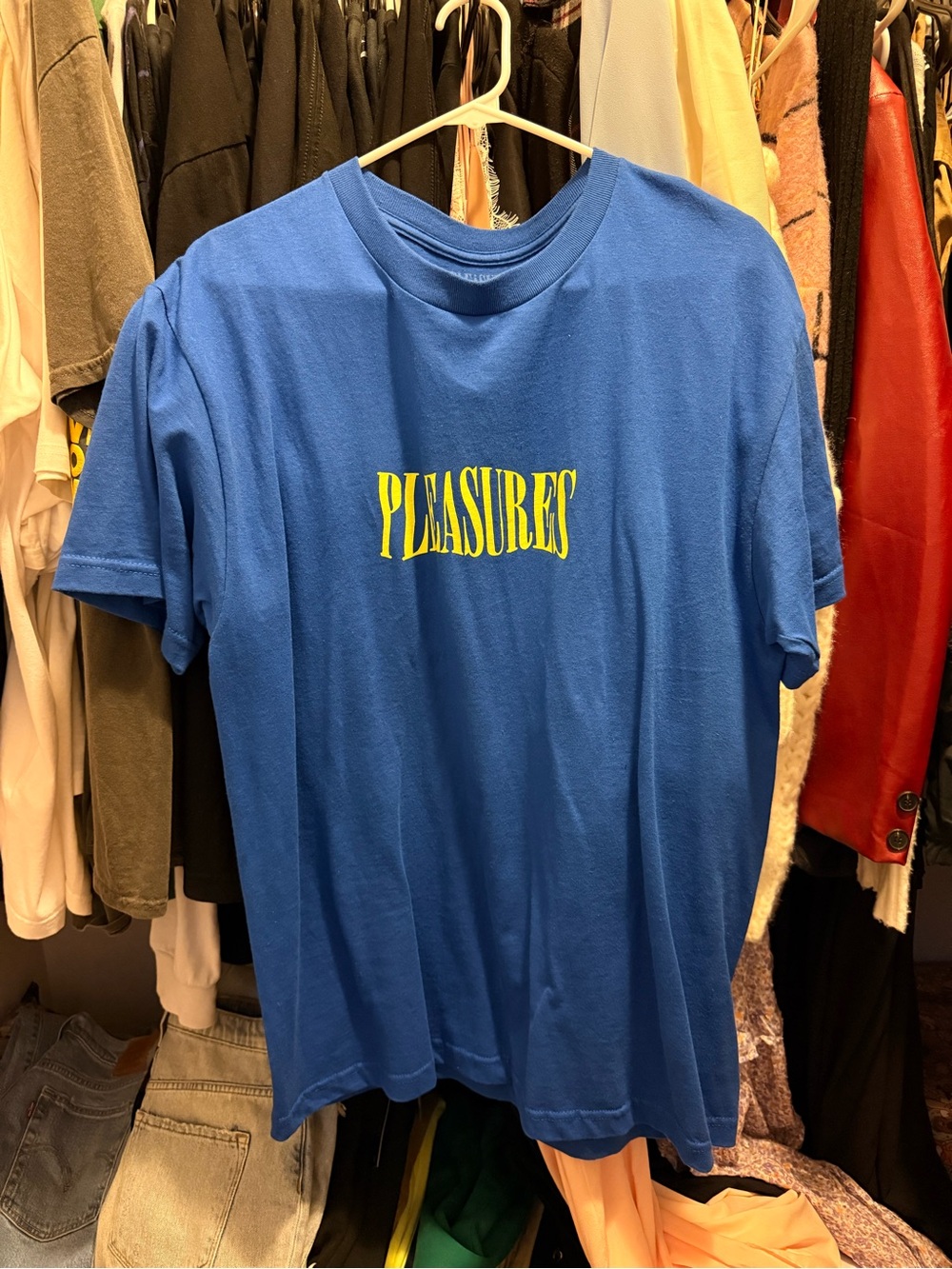 Pleasures Men's Blue Logo Tee with Yellow Graphic